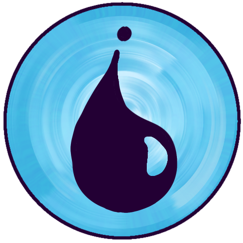 Drawing of a blue circle with a pattern resembling water ripples. In the center is a very dark purple teardrop icon